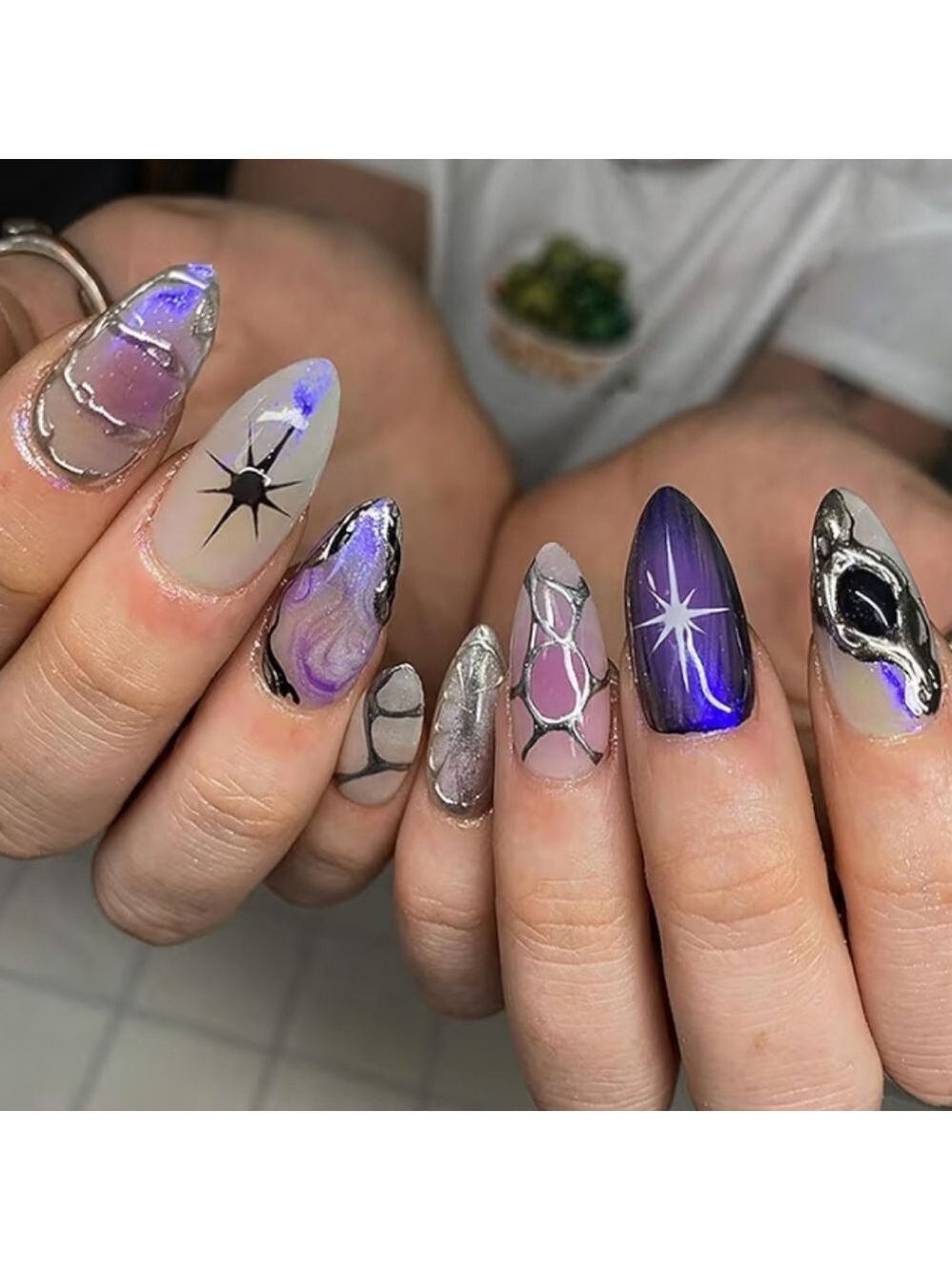 2/$10 Purple Starburst & Silver Abstract Acrylic False Nail Set